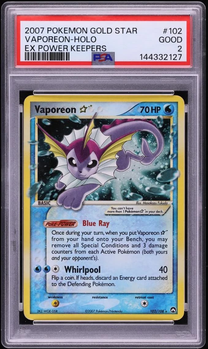 Vaporeon Gold Star, EX Power Keepers, PSA 2