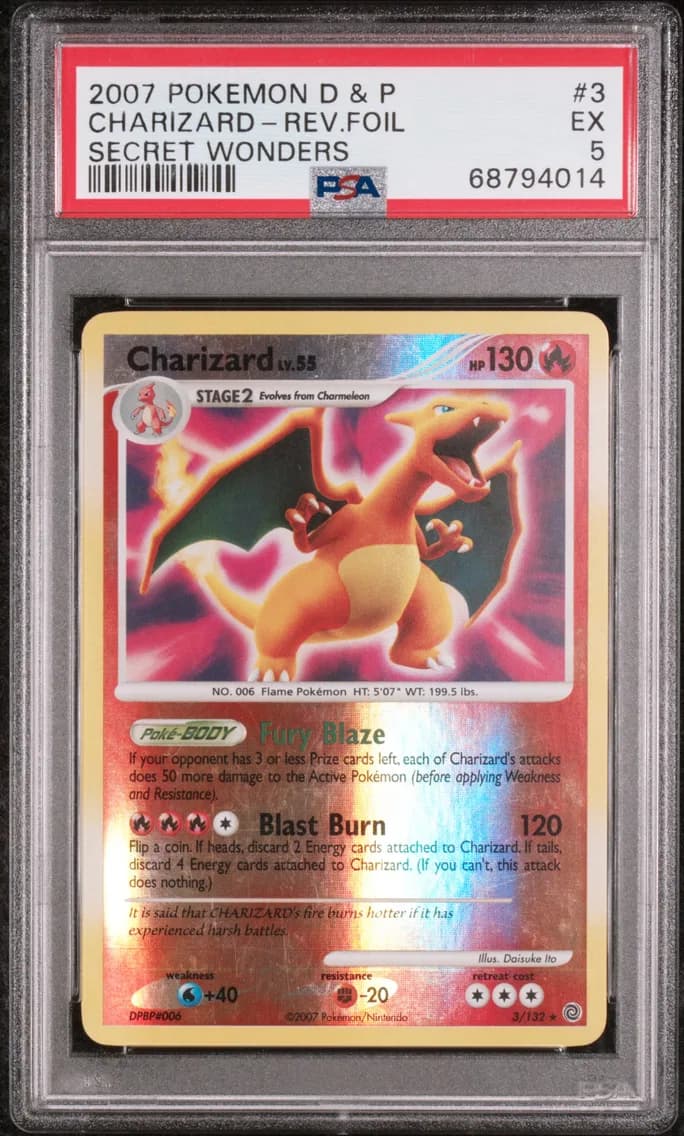 Charizard-Reverse Foil, Diamond & Pearl Secret Wonders, PSA 5