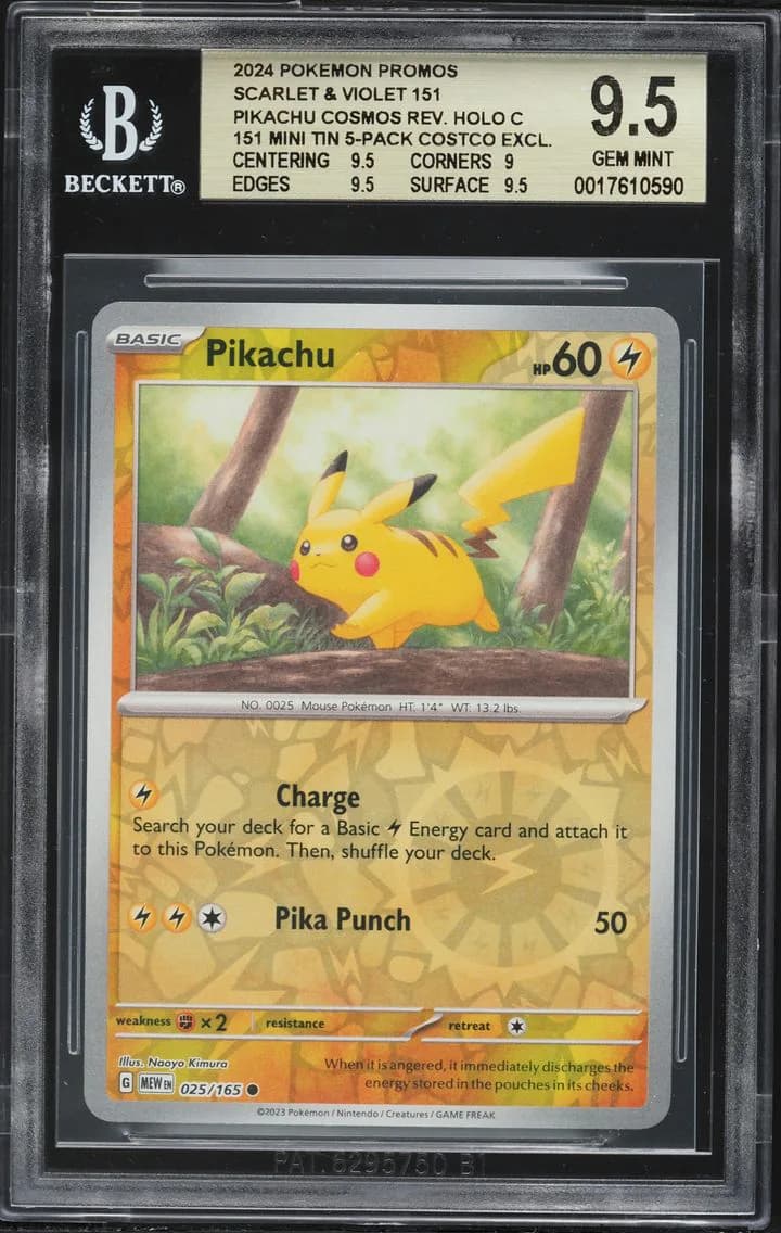 Pikachu REVERSE COSMOS HOLO C/(Costco 151 Mini Tin 5-Pack), TCG Scarlet & Violet 151 Promos, BGS 9.5