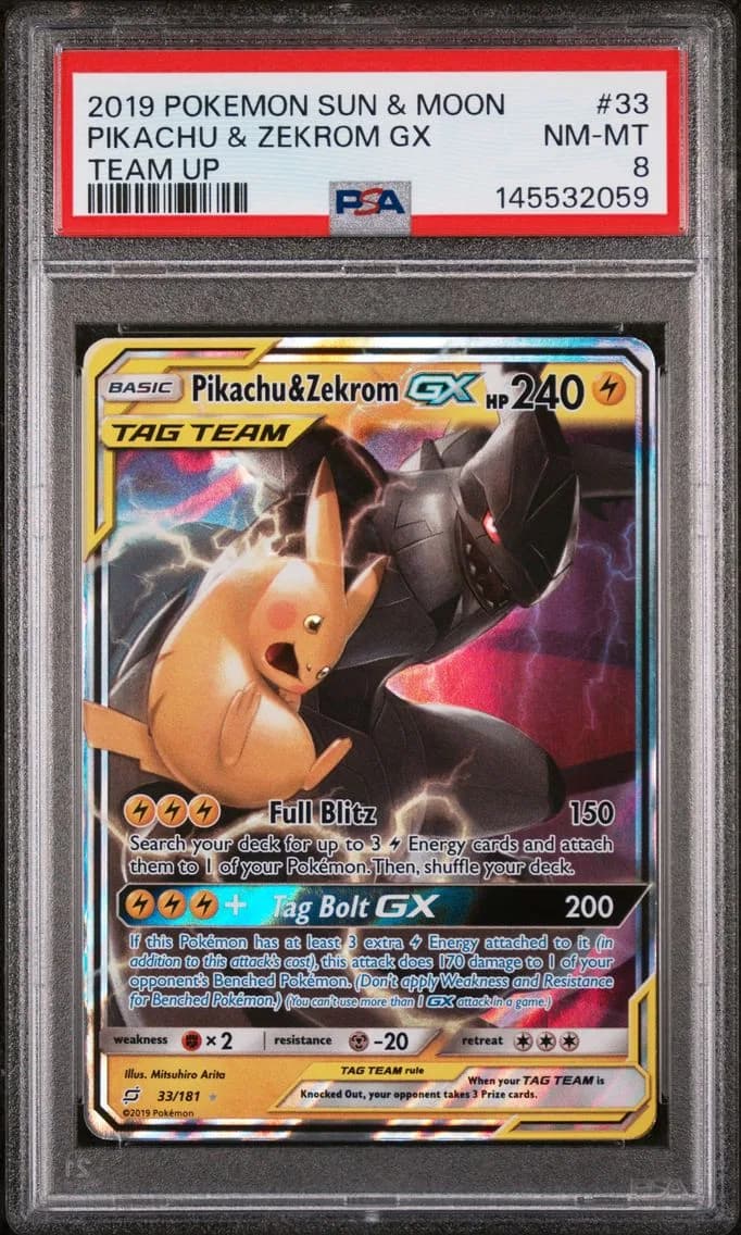 Pikachu & Zekrom GX, Sun & Moon Team Up, PSA 8
