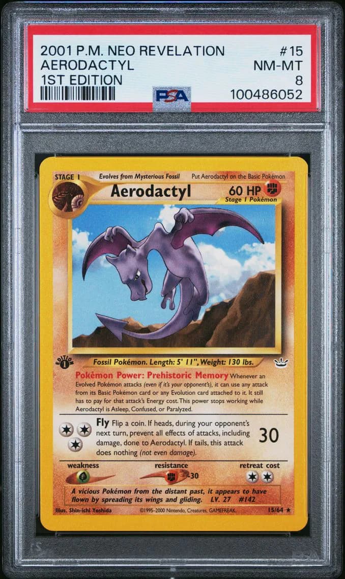 Aerodactyl 1st Edition, Neo Revelation, PSA 8