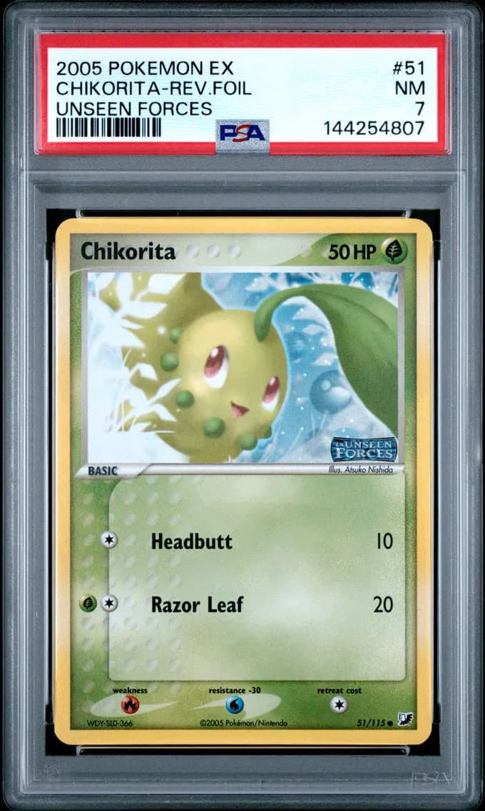 Chikorita-Reverse Foil, EX Unseen Forces, PSA 7