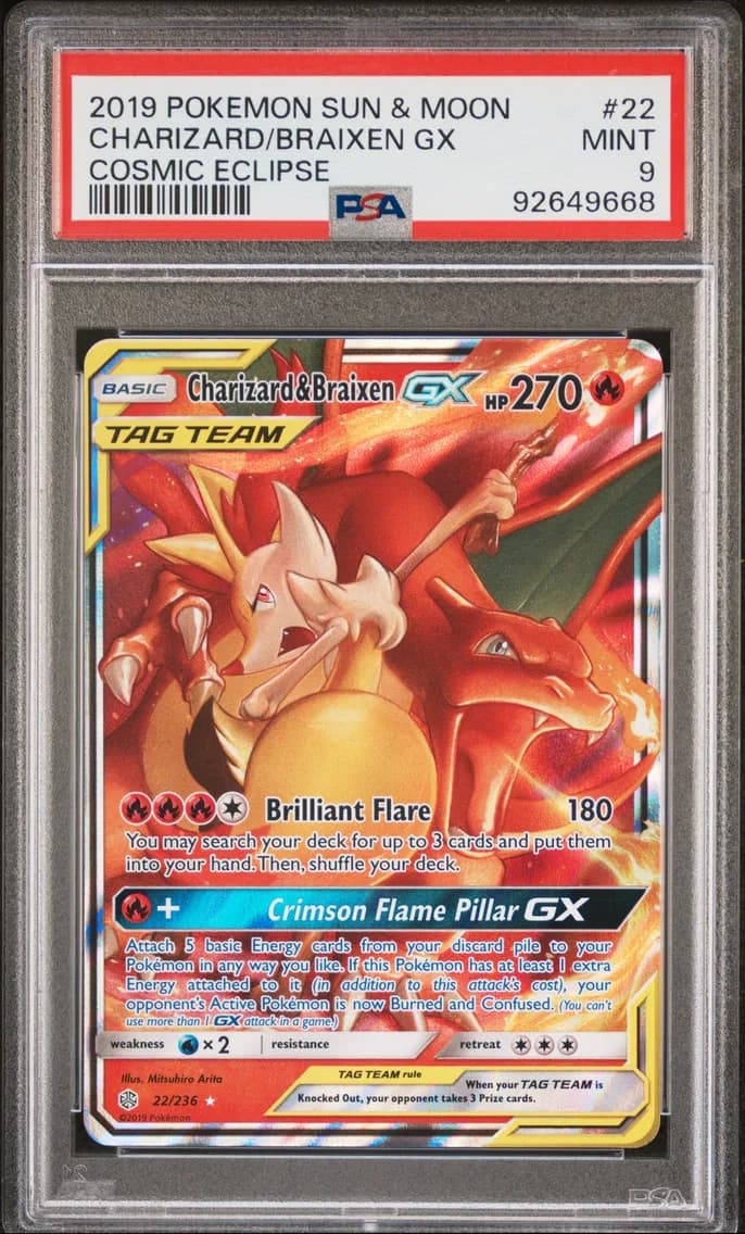 Charizard & Braixen GX, Sun & Moon Cosmic Eclipse, PSA 9