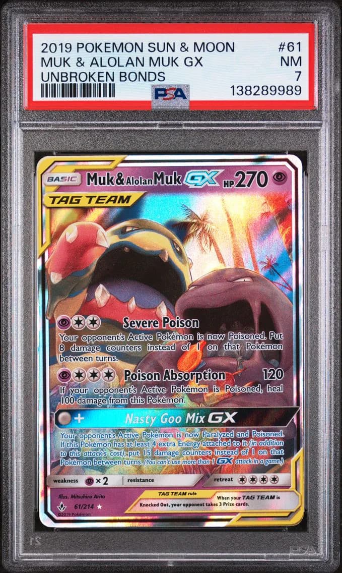 Muk & Alolan Muk GX, Sun & Moon Unbroken Bonds, PSA 7