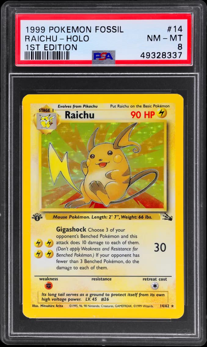 Fossil Holo 1st Edition Raichu, Fossil, PSA 8