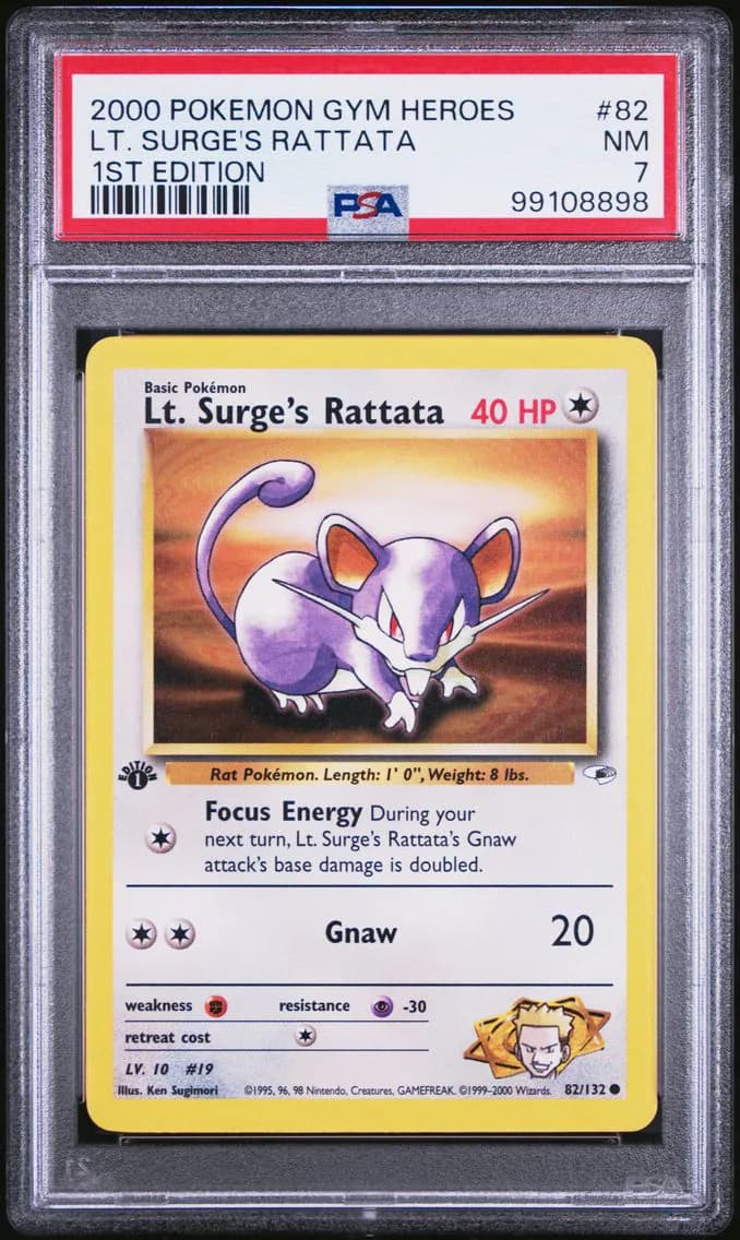 LT. Surge's Rattata 1st Edition, Gym Heroes, PSA 7