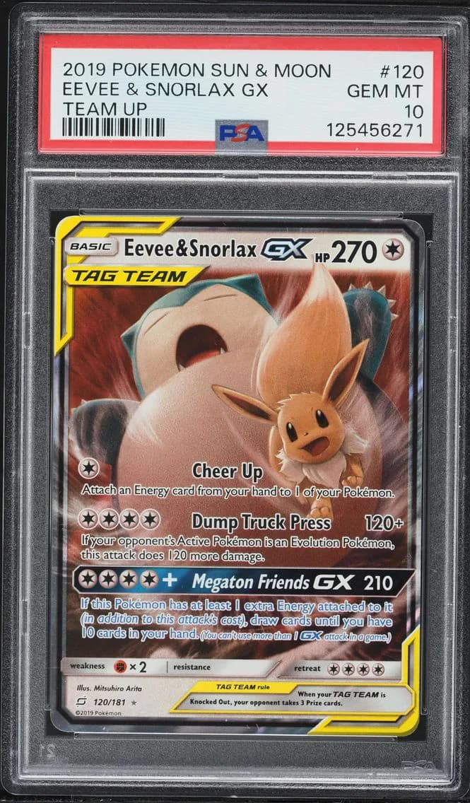 Eevee & Snorlax GX, Sun & Moon Team Up, PSA 10