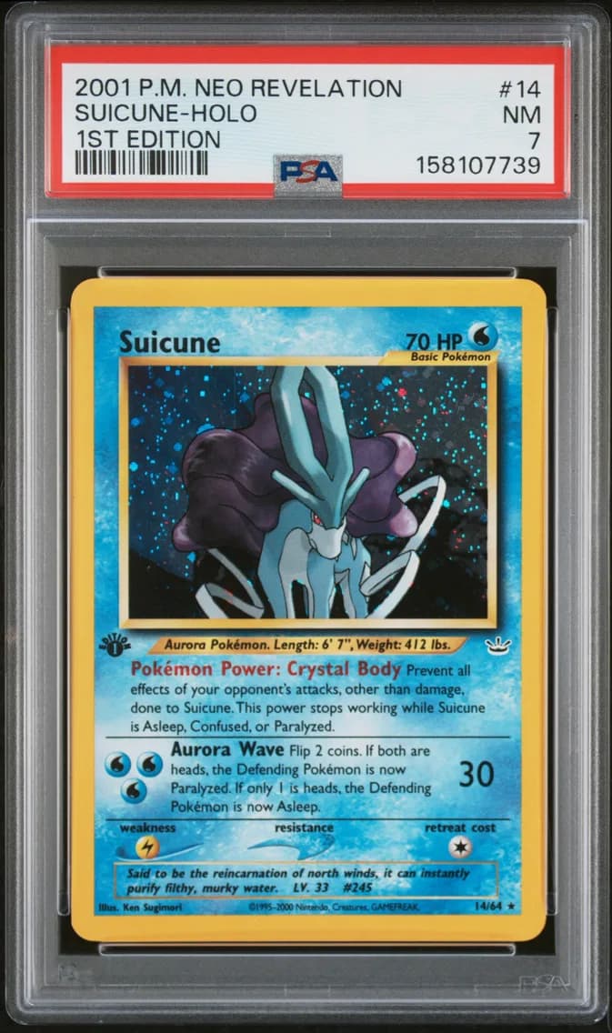 Suicune-Holo 1st Edition, Neo Revelation, PSA 7