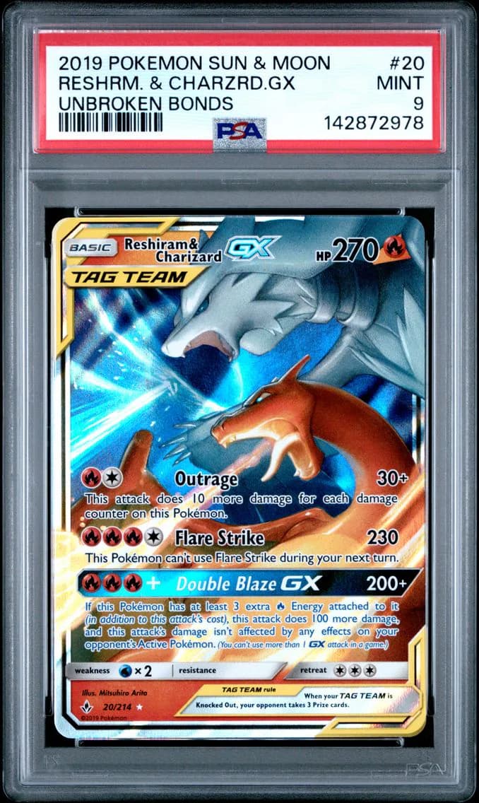 Reshiram & Charizard GX, Sun & Moon Unbroken Bonds, PSA 9