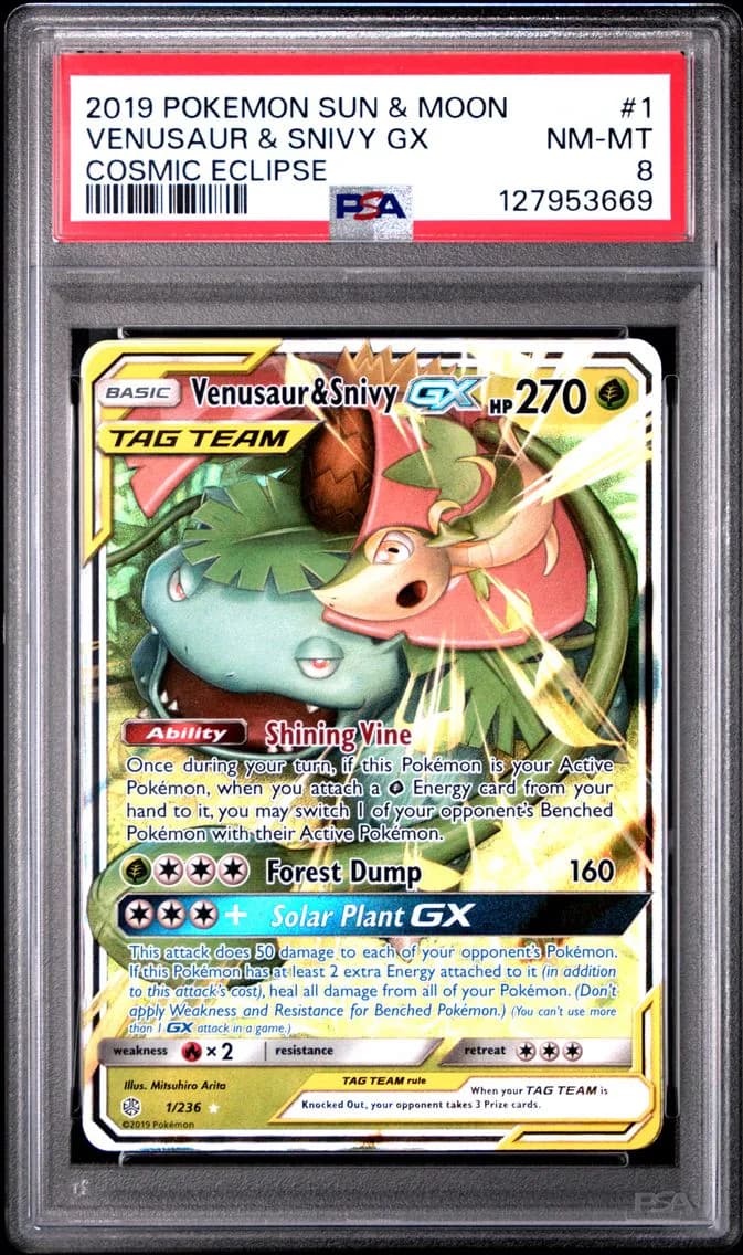 Venusaur & Snivy GX, Sun & Moon Cosmic Eclipse, PSA 8