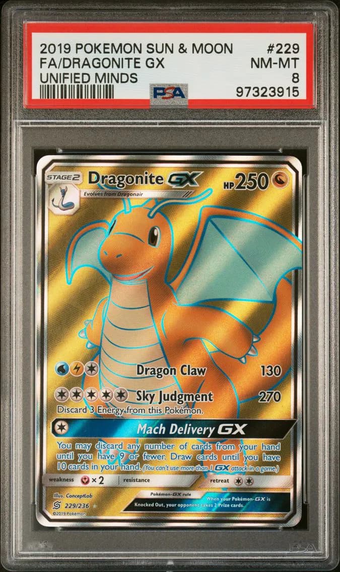 Dragonite GX, Sun & Moon Unified Minds, PSA 8