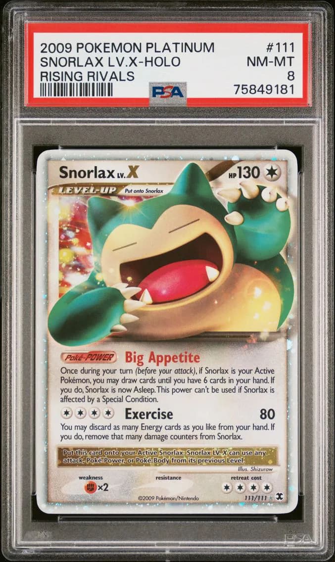 Snorlax Lv.X-Holo, Platinum Rising Rivals, PSA 8