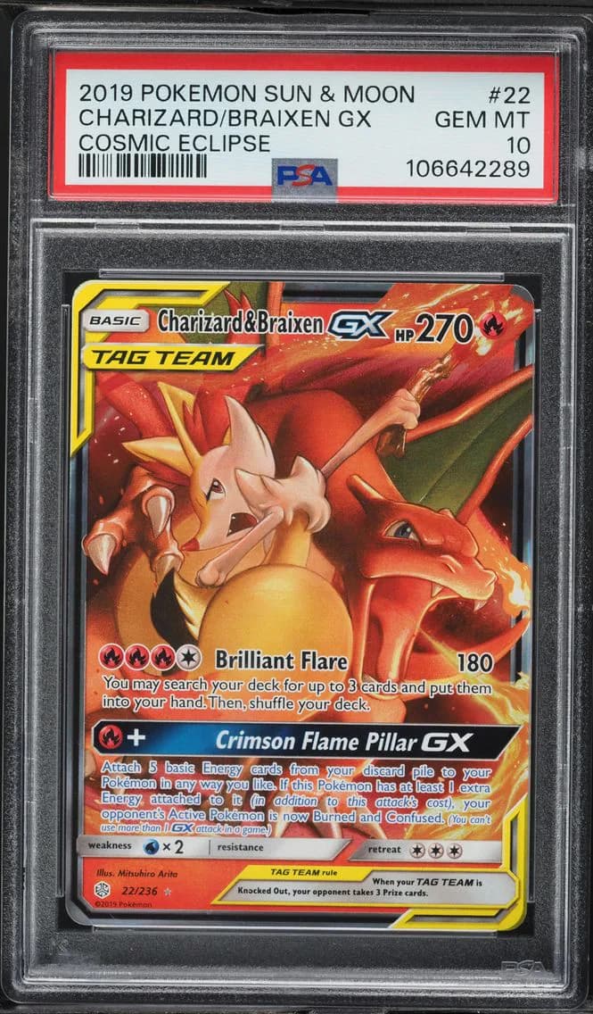 Charizard & Braixen GX, Sun & Moon Cosmic Eclipse, PSA 10