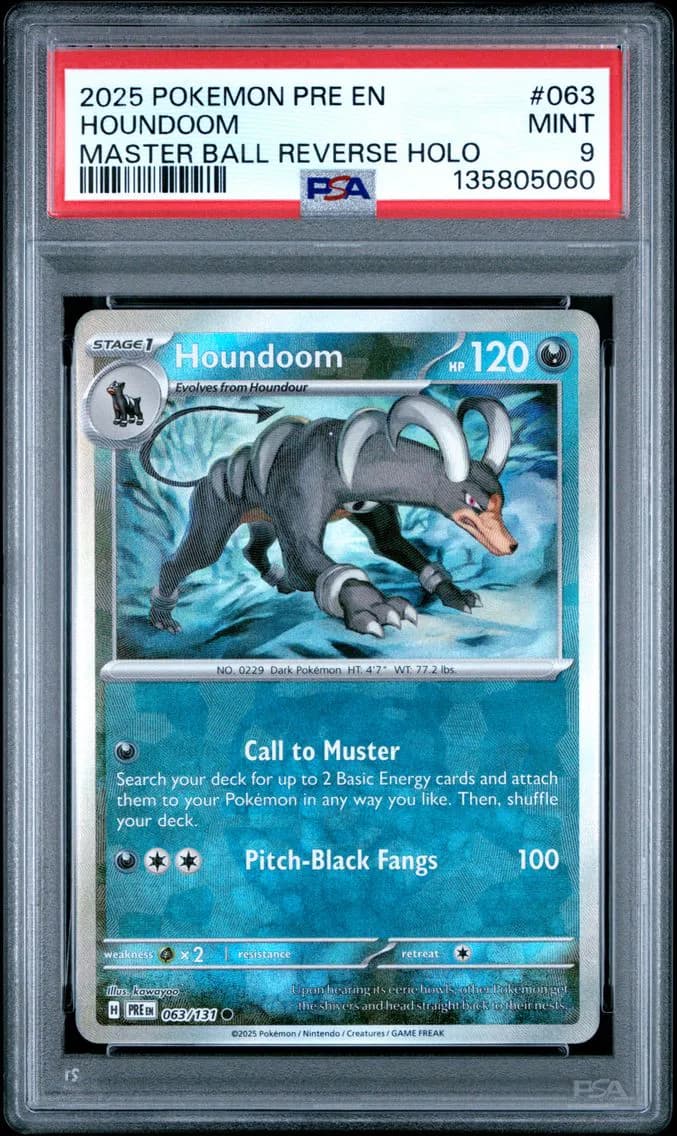 Houndoom Master Ball Reverse Holo, Prismatic Evolutions, PSA 9