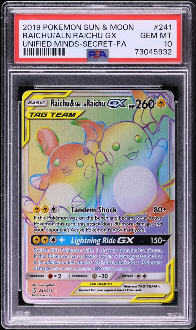 Raichu & Alolan Raichu GX, Sun & Moon Unified Minds, PSA 10