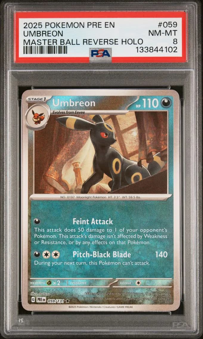 Umbreon Master Ball Reverse Holo, Prismatic Evolutions, PSA 8