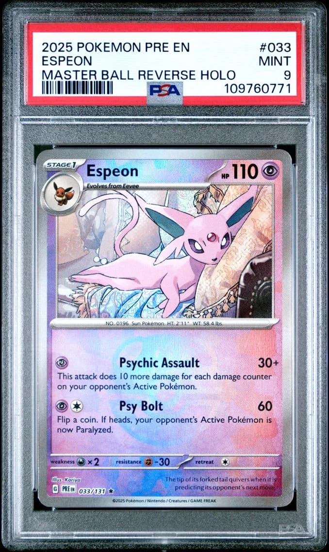 Espeon Master Ball Reverse Holo, Prismatic Evolutions, PSA 9