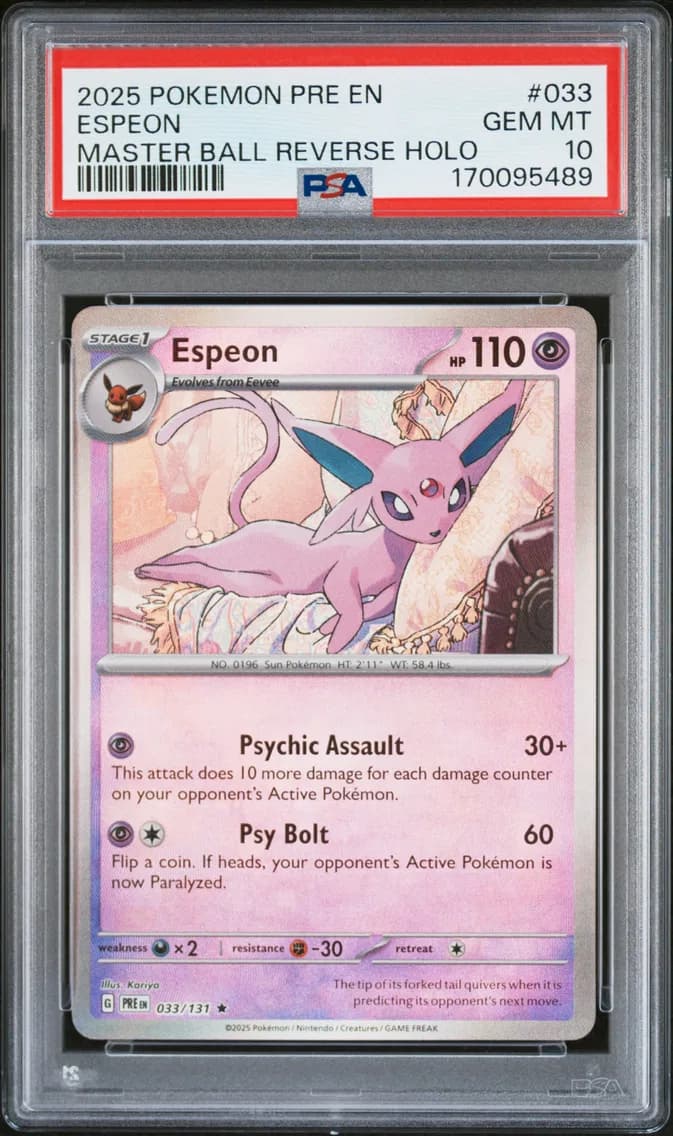 Espeon Master Ball Reverse Holo, Prismatic Evolutions, PSA 10