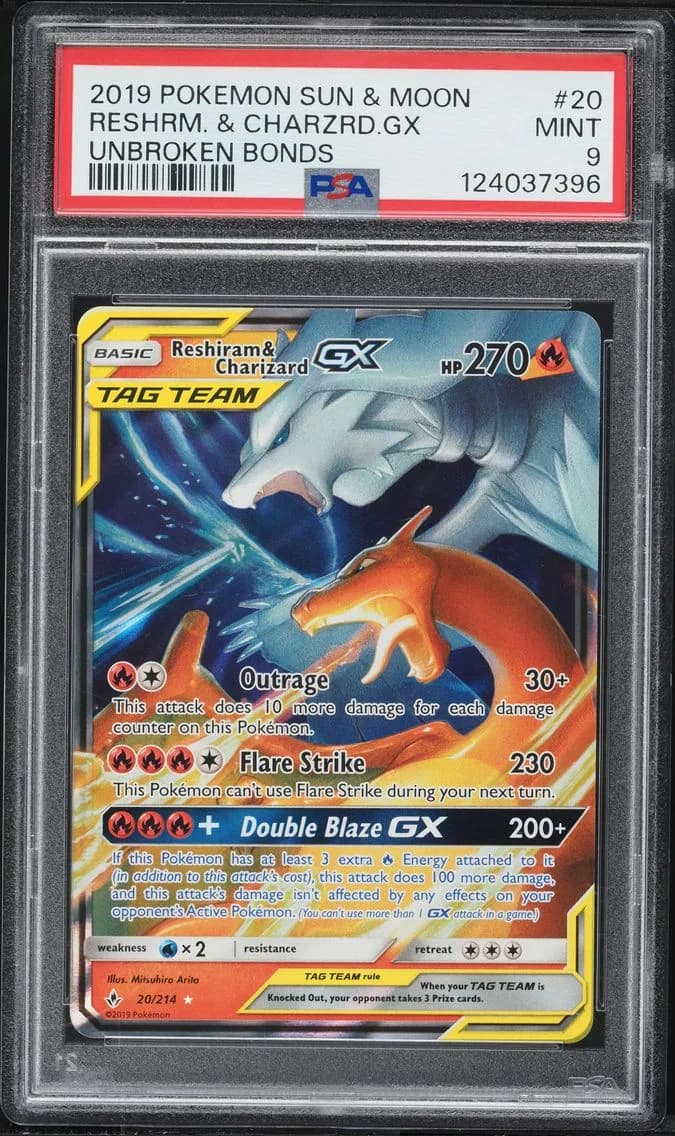 Reshiram & Charizard GX, Sun & Moon Unbroken Bonds, PSA 9