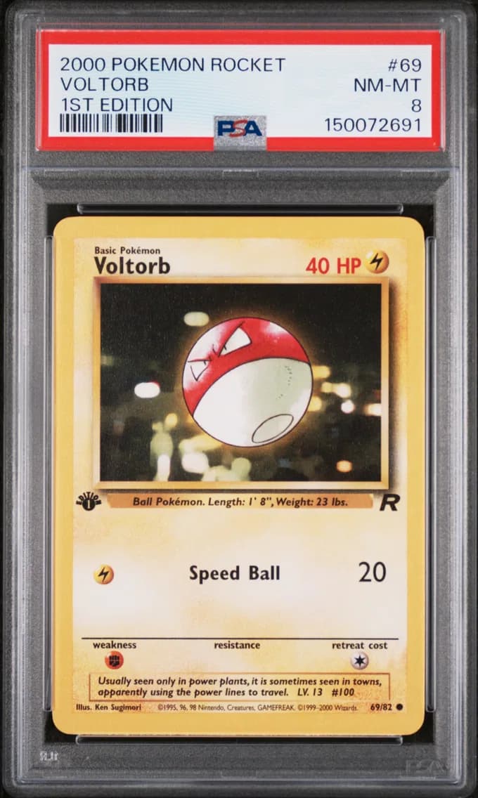 Voltorb 1st Edition, Rocket, PSA 8