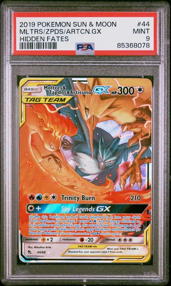 Moltres & Zapdos & Articuno GX, Sun & Moon Hidden Fates, PSA 9