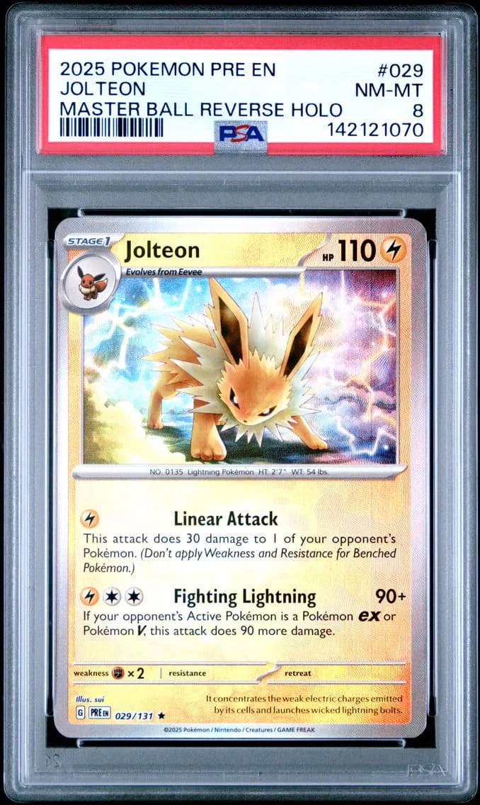 Jolteon Master Ball Reverse Holo, Prismatic Evolutions, PSA 8