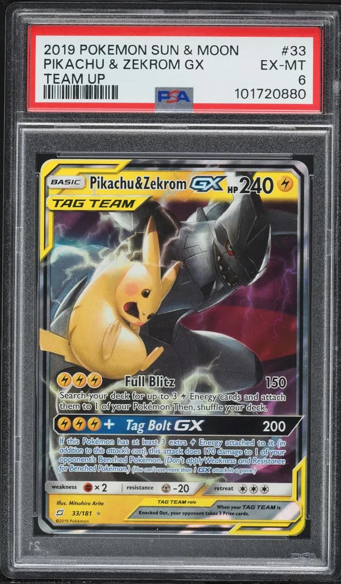 Pikachu & Zekrom GX, Sun & Moon Team Up, PSA 6