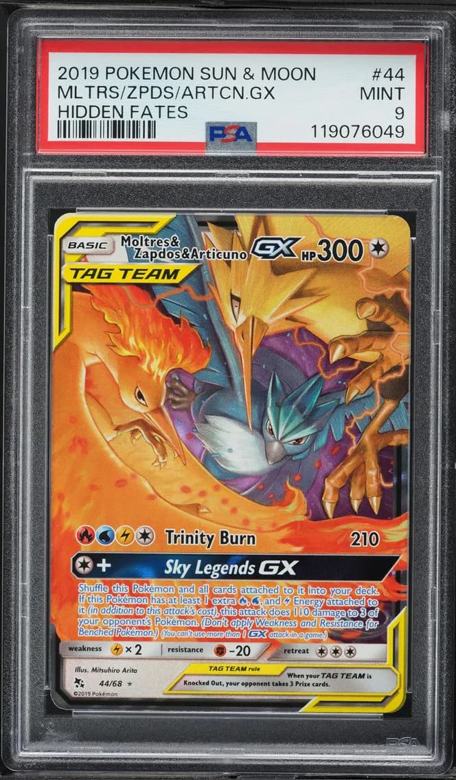 Moltres & Zapdos & Articuno GX, Sun & Moon Hidden Fates, PSA 9
