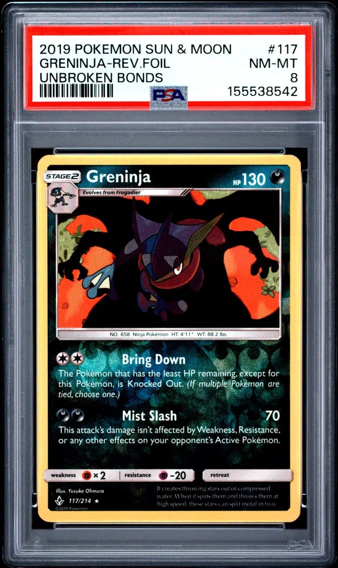 Greninja-Reverse Foil, Sun & Moon Unbroken Bonds, PSA 8