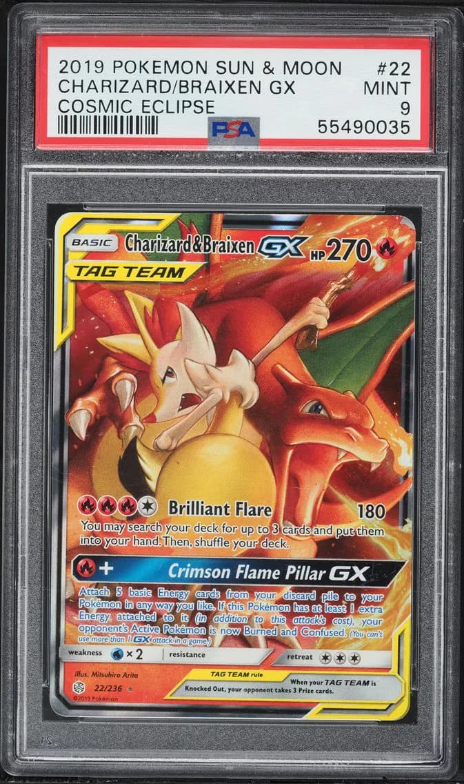 Charizard & Braixen GX, Sun & Moon Cosmic Eclipse, PSA 9