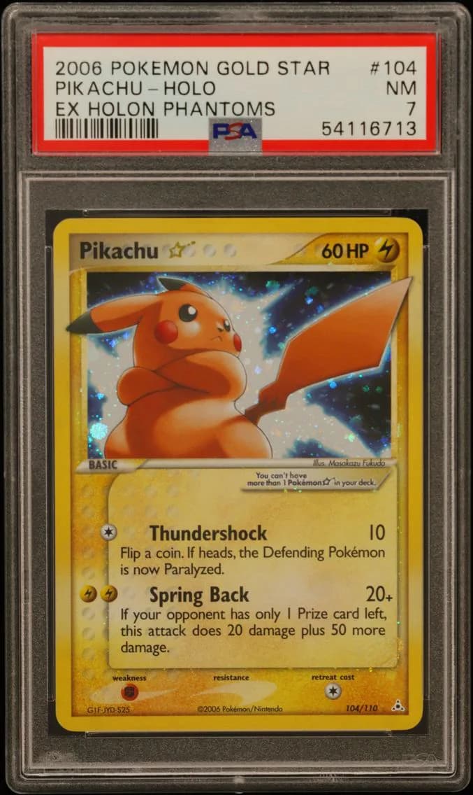 Pikachu-Holo Gold Star, EX Holon Phantoms, PSA 7
