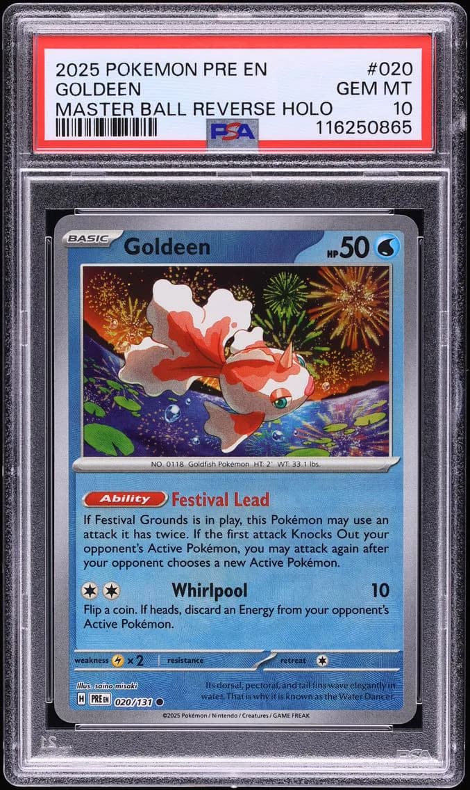Goldeen Master Ball Reverse Holo, Prismatic Evolutions, PSA 10