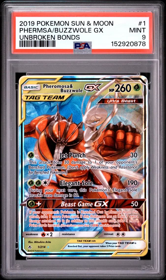 Pheromosa & Buzzwole GX, Sun & Moon Unbroken Bonds, PSA 9