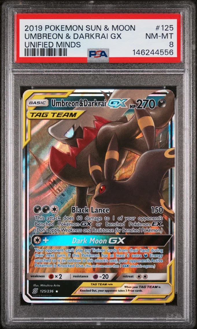 Umbreon & Darkrai GX, Sun & Moon Unified Minds, PSA 8