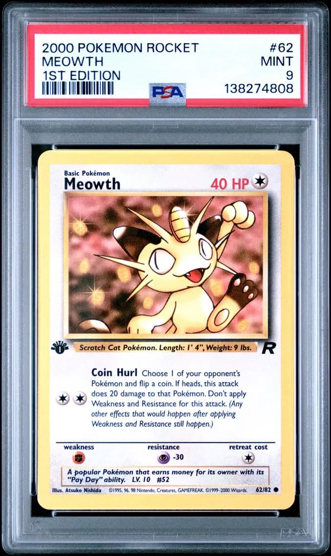 Meowth 1st Edition, Rocket, PSA 9