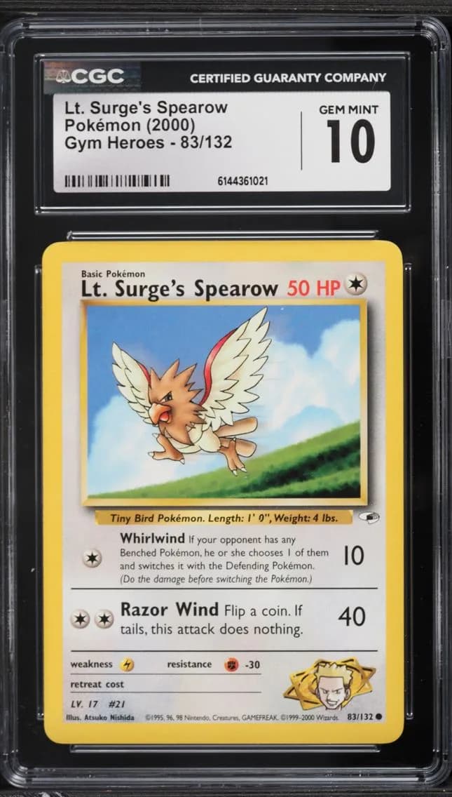 Lt. Surge's Spearow, Gym Heroes - Unlimited, CGC 10