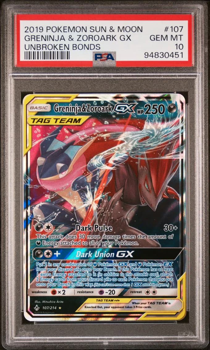 Greninja & Zoroark GX, Sun & Moon Unbroken Bonds, PSA 10