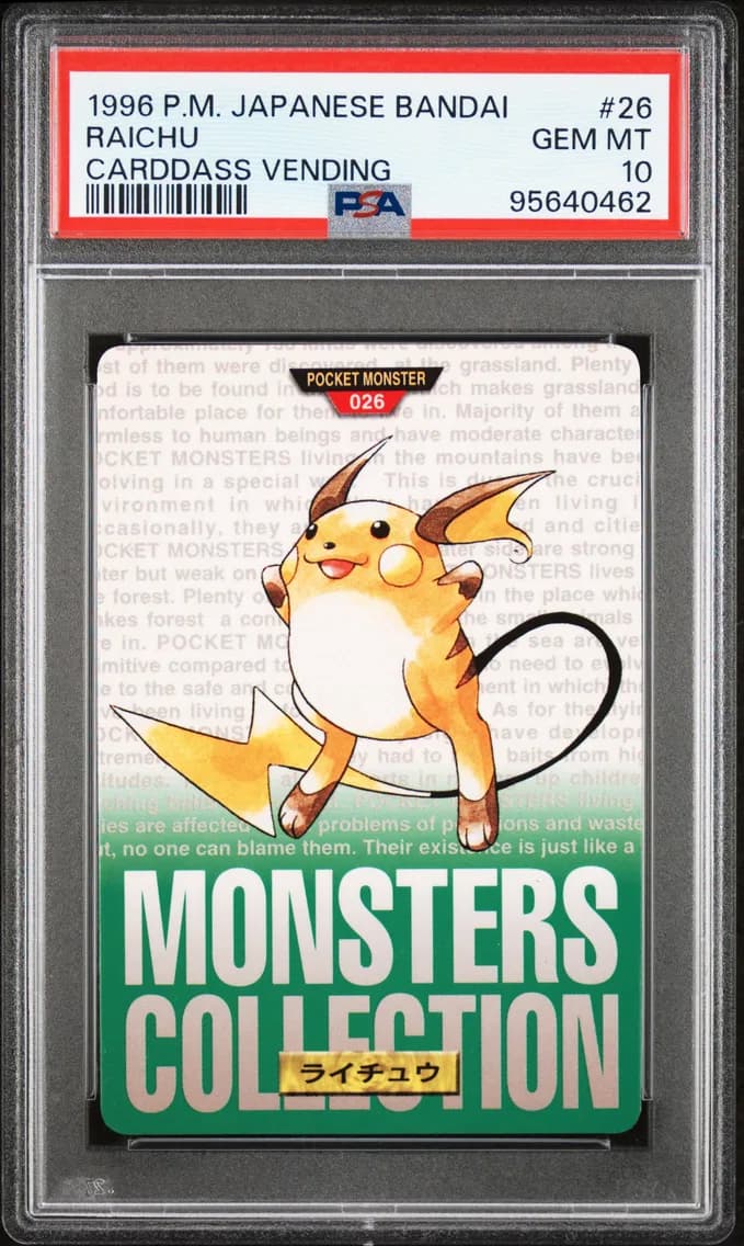 Raichu, Japanese Bandai Carddass Vending, PSA 10