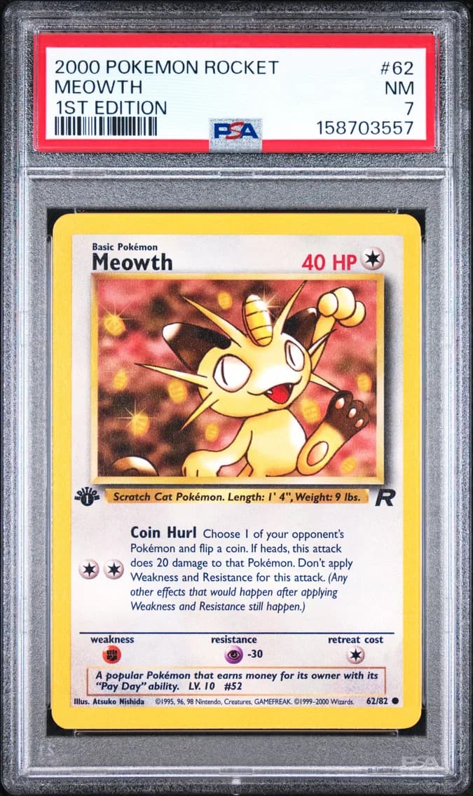 Meowth 1st Edition, Rocket, PSA 7