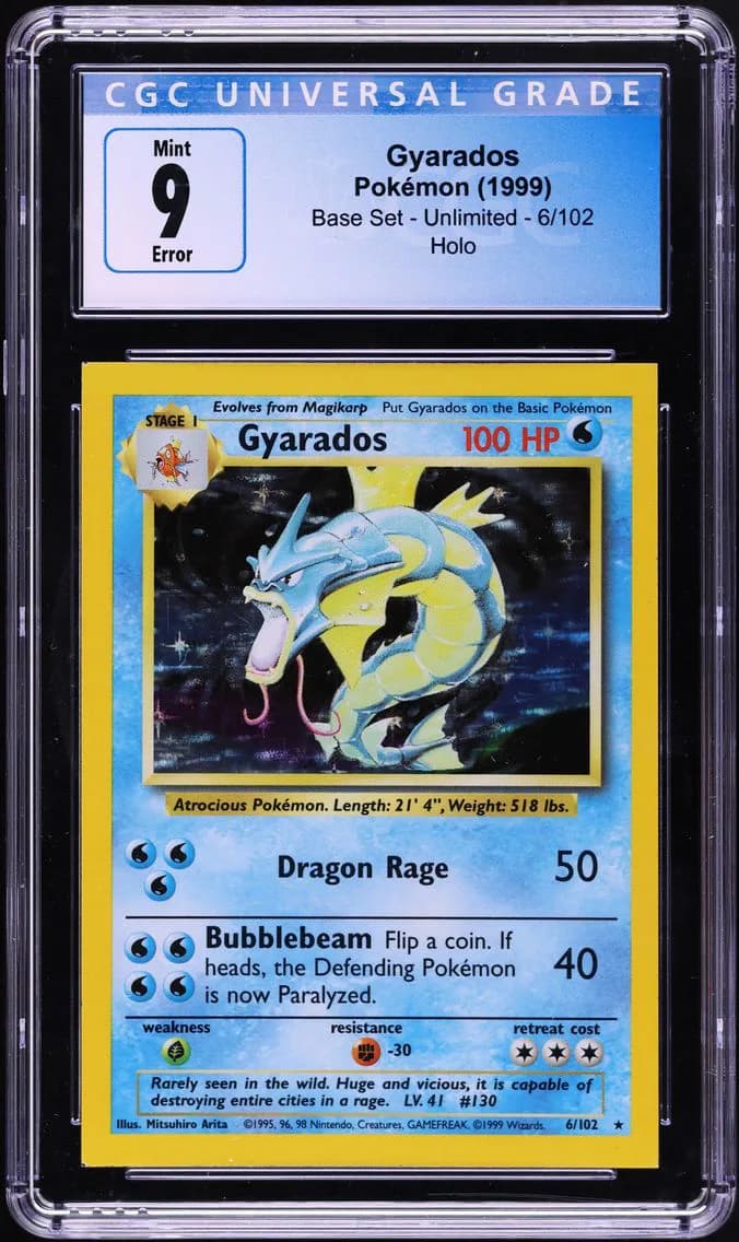 Gyarados Error Square Cut, Base Set Holo, CGC 9
