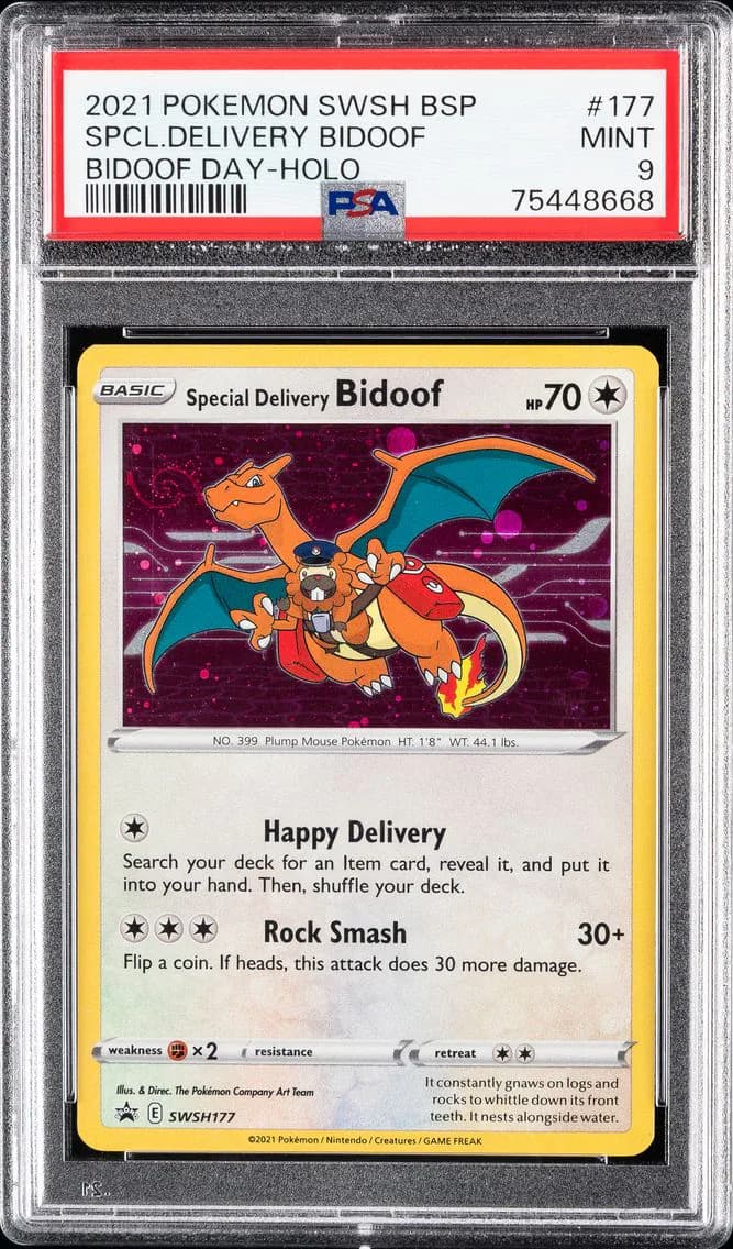 Special Delivery Bidoof-Holo, Swsh Black Star Promo, PSA 9