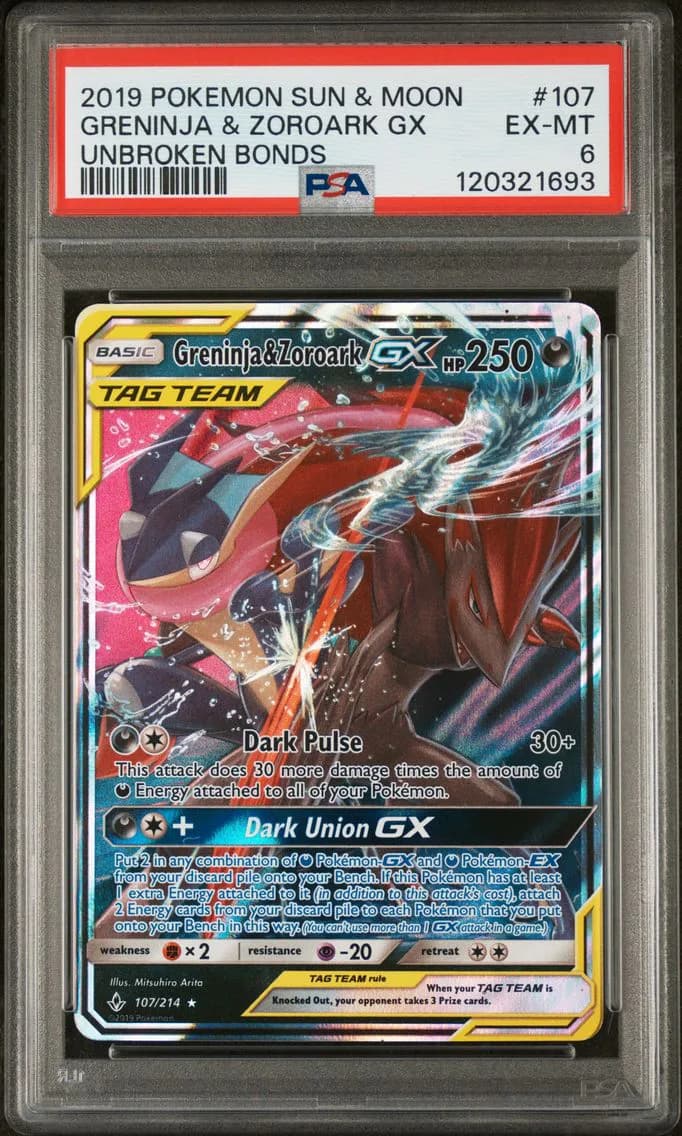 Greninja & Zoroark GX, Sun & Moon Unbroken Bonds, PSA 6