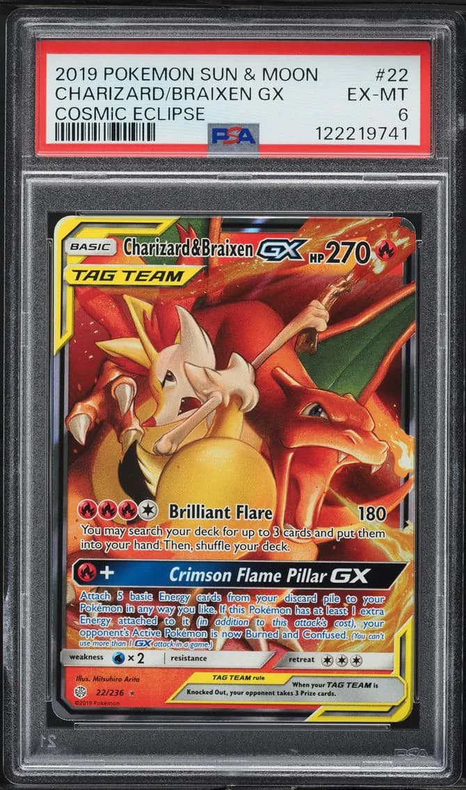 Charizard & Braixen GX, Sun & Moon Cosmic Eclipse, PSA 6