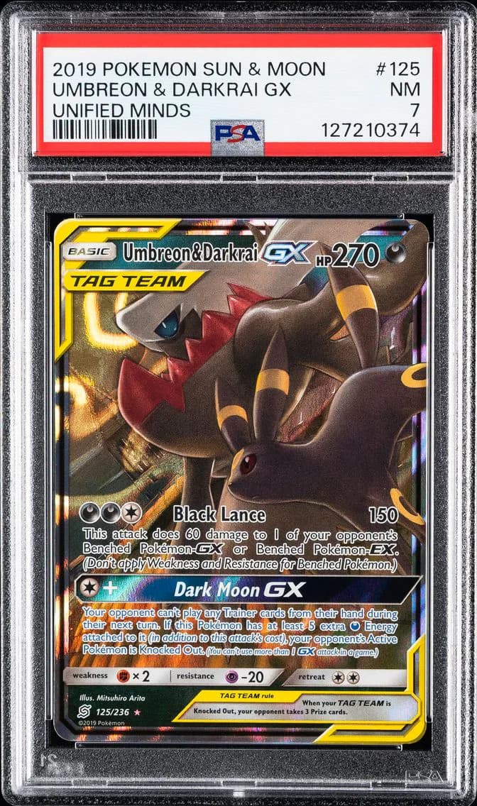 Umbreon & Darkrai GX, Sun & Moon Unified Minds, PSA 7