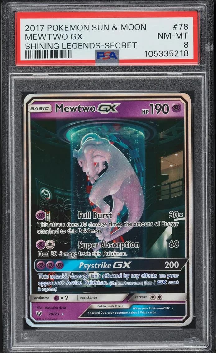 Mewtwo GX, Sun & Moon Shining Legends, PSA 8