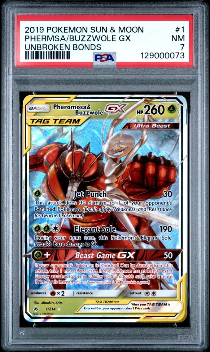 Pheromosa & Buzzwole GX, Sun & Moon Unbroken Bonds, PSA 7