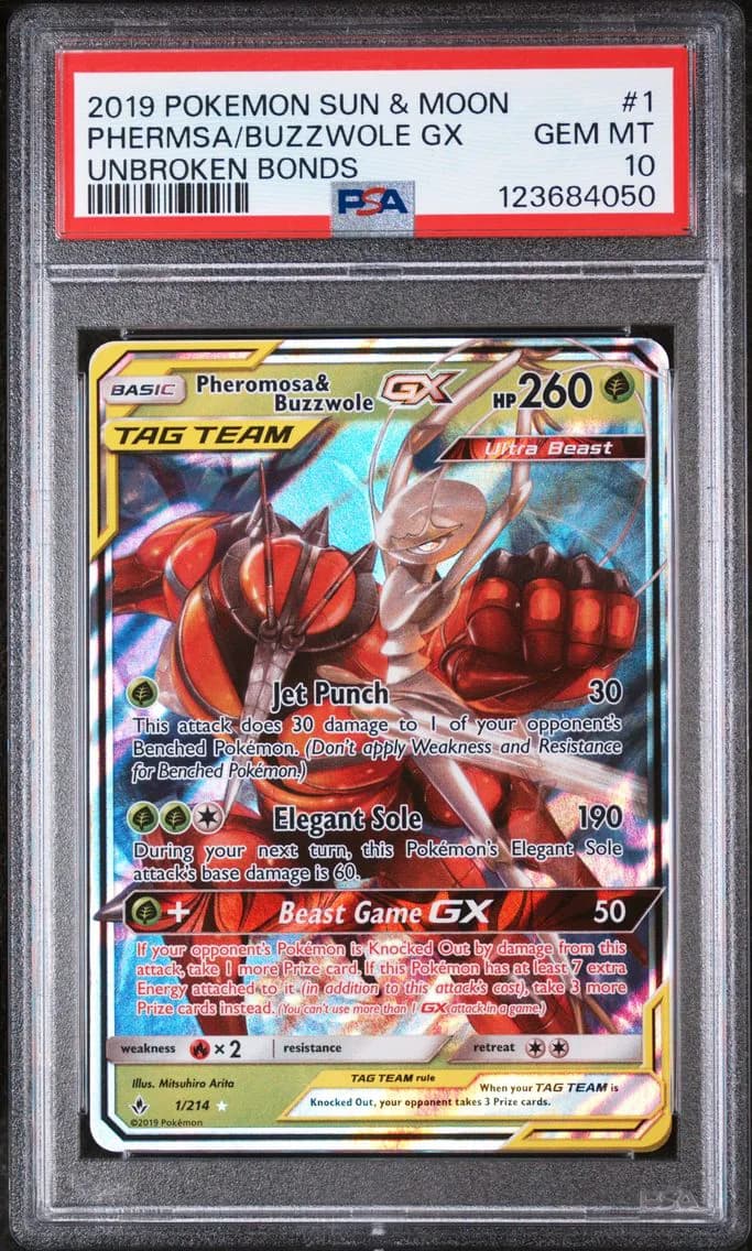 Pheromosa & Buzzwole GX, Sun & Moon Unbroken Bonds, PSA 10