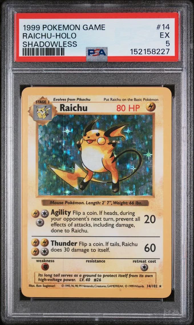 Raichu-Holo Shadowless, Game, PSA 5
