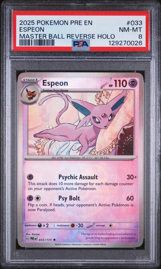 Espeon Master Ball Reverse Holo, Prismatic Evolutions, PSA 8