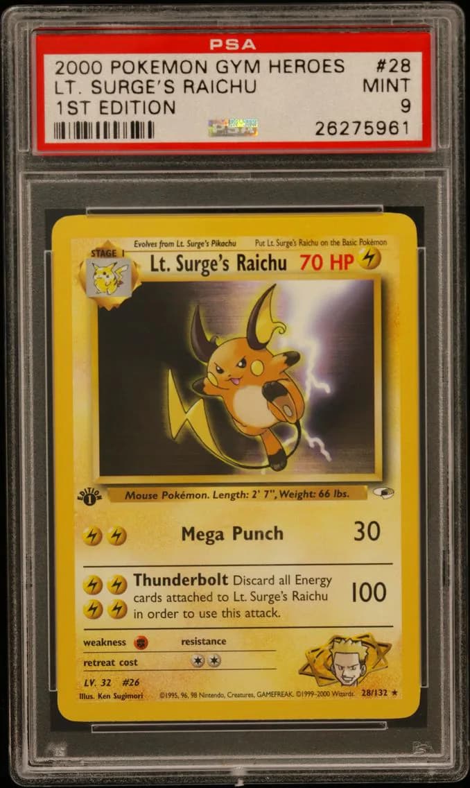LT. Surge's Raichu 1st Edition, Gym Heroes, PSA 9